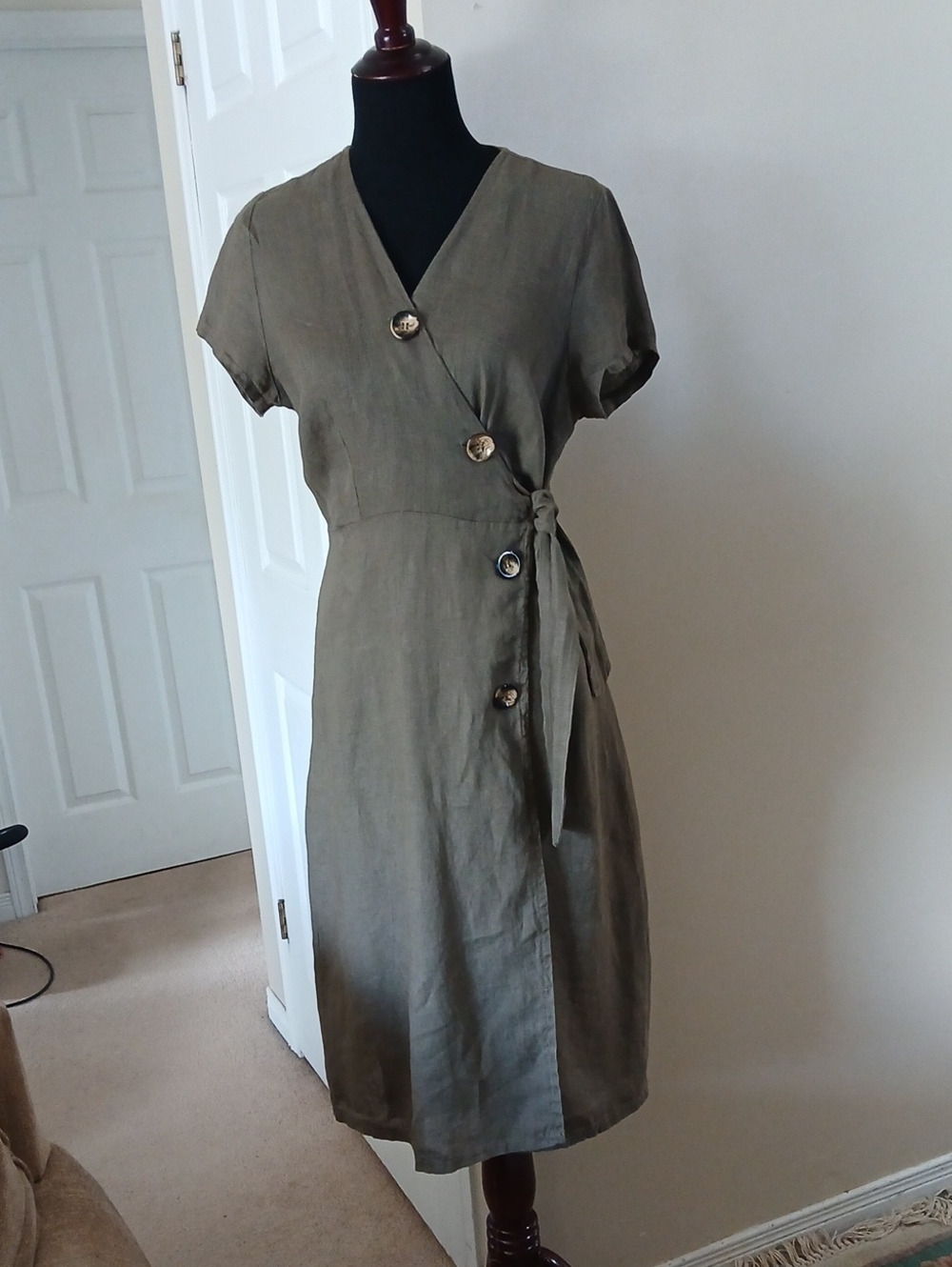 100 % Linen Classic Olive Wrap Midi Dress with Tie Waist
